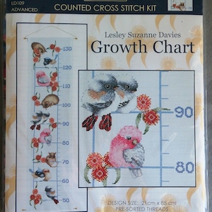 Australian Animal & Bird Growth Chart geteld borduurpakket van DMC, 21 x 88 cm, 14 kt aida en DMC-draden.