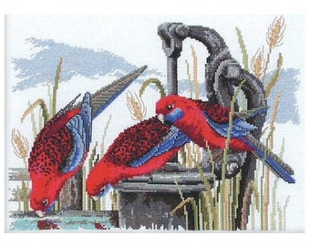 Crimson Rosellas counted cross stitch kit by Country Threads, 26 x 34cm, 14ct aida, DMC threads.