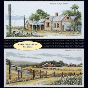 Bush Telegraph cross stitch charts from Country Threads, optional Zweigart aida & DMC thread.