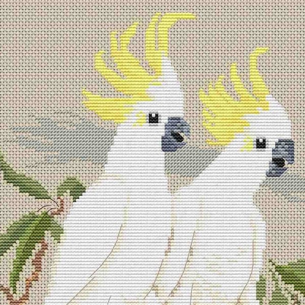 Sulphur Crested Cockatoos counted cross stitch kit by Maureen Maguire for Caronie. DMC thread & Zweigart aida.