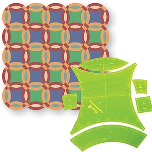 Peut inclure: Un ensemble de gabarits de quilting vert pour réaliser un bloc de quilt "double anneau de mariage". L'ensemble comprend six pièces : une grande pièce centrale, deux pièces courbes et trois petites pièces carrées. L'ensemble de gabarits est intitulé "Double Wedding Ring".