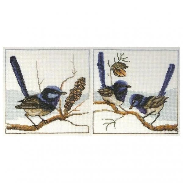 Blue Wrens Cross Stitch Kit by Country Threads 20 x 20cm 14ct, 2 designs FJ-1062