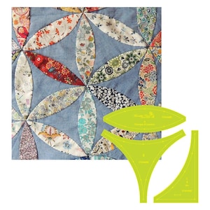 May include: A set of three green plastic quilting templates for making a flower quilt pattern. The templates are labeled "Oranges & Lemons" and have measurements in inches.