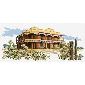 May include: A cross-stitch pattern of a yellow building with a brown roof and white trim. The building has a large porch with white railings and is surrounded by green bushes and white flowers.