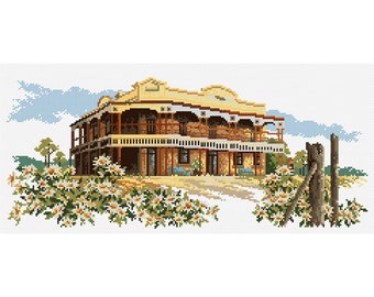 Gate Post Hotel counted cross stitch chart by Country Threads, OPTIONAL aida and DMC threads.