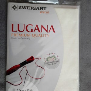 Lugana evenweave 25ct/10st 48 x 68cm from Zweigart, cotton/viscose, made in Germany, colour choices.