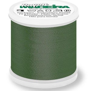 May include: A spool of green embroidery thread with a white top and base. The label reads "Rayon Madeira" and includes text in multiple languages, including "Embroidery thread". The thread is a solid, dark green colour.