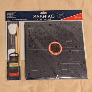 Sashiko starter kit with fabric, templates, thread, fabric pencil, and needles. A Sew Easy kit.