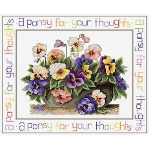 Pansy Thoughts counted cross stitch chart by Fiona Jude, OPTIONAL aida & DMC thread.