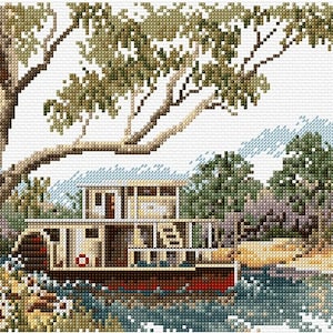 River Boat counted cross stitch chart by Fiona Jude, OPTIONAL aida & DMC thread.