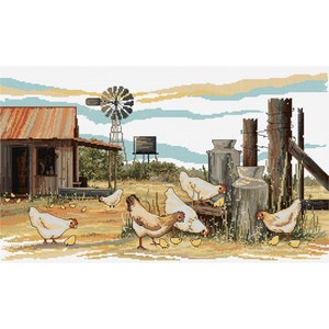 May include: A vintage farmhouse scene with a windmill, a weathered wooden fence, and a group of white chickens with yellow chicks pecking at the ground. The chickens are near a collection of old milk churns.