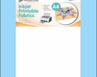 Könnte beinhalten: Eine weiße Packung "Inkjet Printable Fabrics" von Matilda's Own. Die Verpackung zeigt ein farbenfrohes geometrisches Design mit einem Schmetterling und einer Grafik eines Druckers. Der Text enthält "100% Baumwolle", "5 Blätter" und "A4".