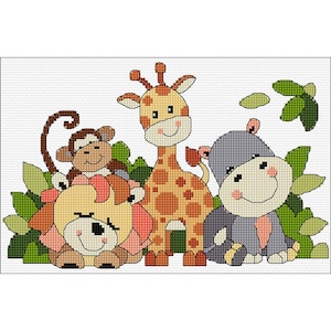 May include: A cross-stitch pattern featuring a lion, monkey, giraffe, and hippopotamus surrounded by green leaves. The animals are all smiling and have friendly expressions.