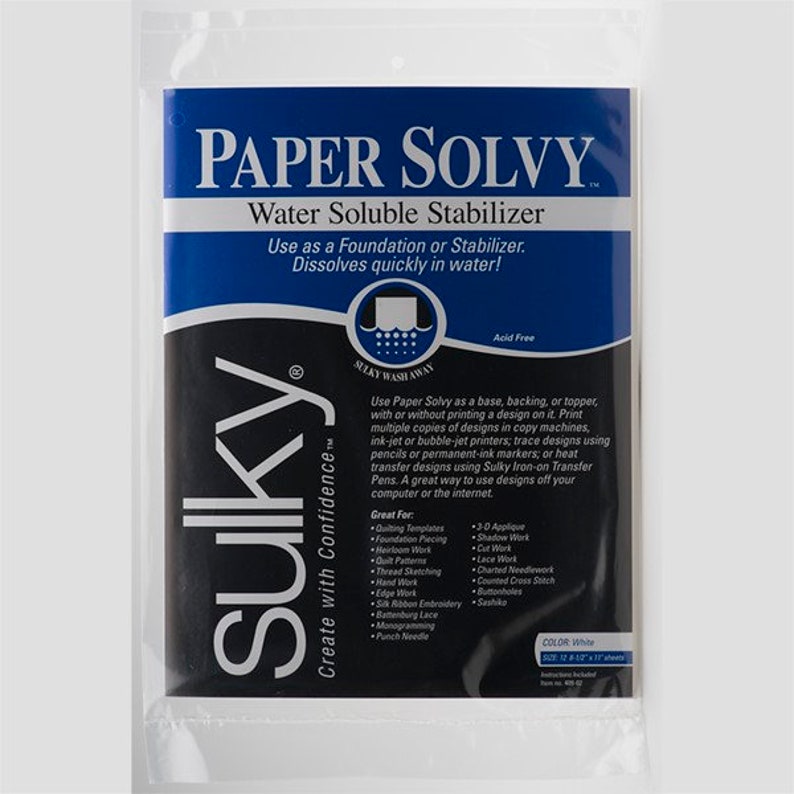 Sulky Paper Solvy Stabilizer 12 sheets each 8.5" x 11" ,Suitable for use in copy machines, and ink-jet or bubble-jet printers.