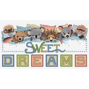 Little Aussie Sweet Dreams counted cross stitch chart by Fiona Jude, OPTIONAL aida & DMC thread.