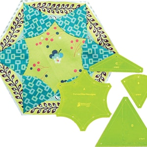 May include: A set of four green plastic quilting templates for making a curved star hexagon. The templates are labelled A, B, C, and D. The template labelled A is a curved star hexagon, and the other three templates are triangles.