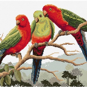 Puede incluir: Tres loros posados en una rama con hojas verdes. Los loros son rojos, verdes y amarillos. El fondo es un cielo azul claro con nubes blancas.