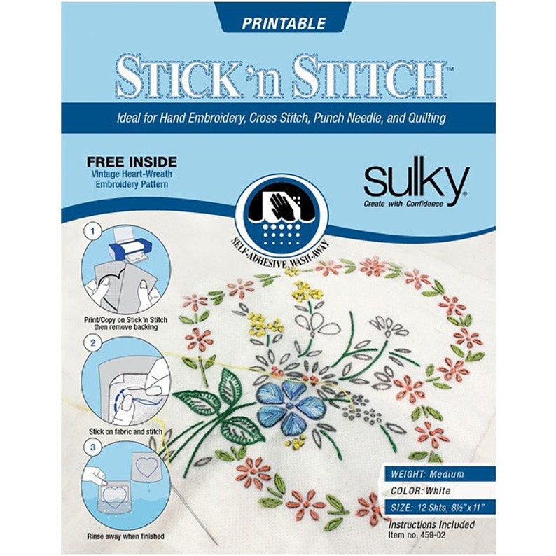 Sulky Stick 'n Stitch Printable Wash-Away, 12 sheets each 8.5" x 11", Also known as Sticky Fabri-Solvy or fabri solvy.