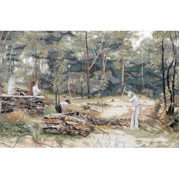Woodsplitters counted cross stitch chart by Fiona Jude. Based on painting by Tom Roberts. A printed chart shipped with tracking.