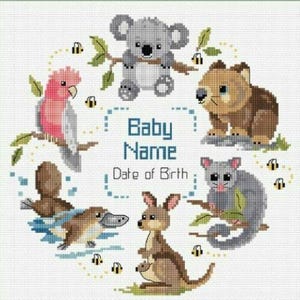 Amostra de nascimento Little Aussie, ponto cruz redondo de 25 cm da Country Threads, gráfico com aida Zweigart e novelos inteiros de linha DMC