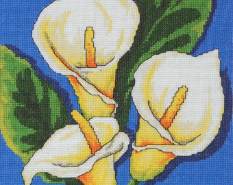 Calla Lillies counted cross stitch by Fiona Jude of Country Threads, OPTIONAL Zweigart aida & DMC thread.