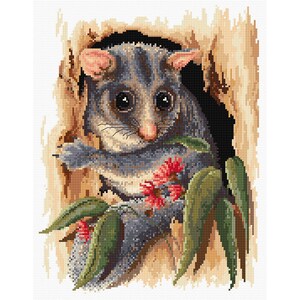 Peek-a-Boo Possum counted cross stitch chart by Fiona Jude for Country Threads, OPTIONAL aida & DMC thread.