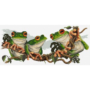Green Frogs counted cross stitch chart by Fiona Jude, OPTIONAL aida & DMC thread.