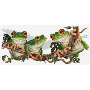 Green Frogs counted cross stitch chart by Fiona Jude, OPTIONAL aida & DMC thread.