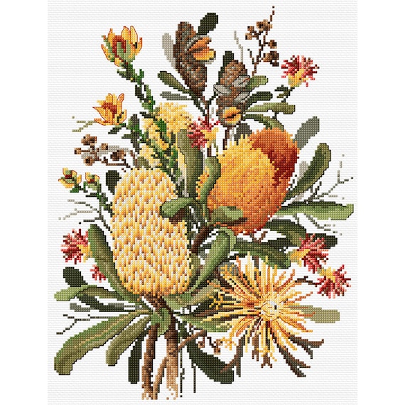 Banksias counted cross stitch kit or chart by Fiona Jude, OPTIONAL aida & DMC thread.