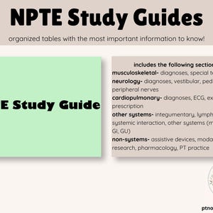 Może przedstawiać: Przewodniki do nauki NPTE z uporządkowanymi tabelami. Jasnozielony prostokąt zawiera tekst NPTE Study Guide. Beżowy prostokąt wymienia sekcje: układ mięśniowo-szkieletowy, neurologia, układ krążeniowo-oddechowy, inne systemy i systemy pozasystemowe. Logo PT notebook.
