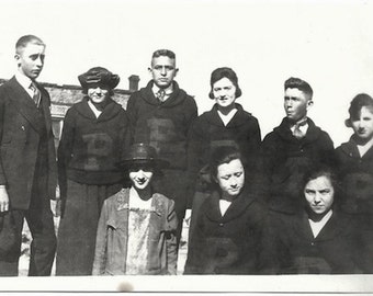 Old Photo Group of Teen Girls and Boys wearing Letter Sweaters with P 1920s Photograph Snapshot vintage