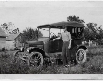 Old Photo Man Standing by Ford Car Outside by Houses 1920s Photograph Snapshot vintage