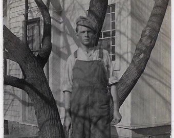 Old Photo Man wearing Overalls and Hat Standing by Car 1920s | Etsy