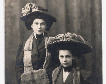 Old Photo Teen Girls wearing Big Hats Fur Scarves Fur Muffs Early 1900s Photograph Snapshot Vintage