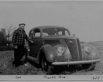 Old Photo Man Posing with Ford Car in Field 1930s Photograph Snapshot Vintage