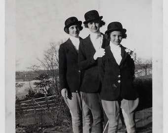 Old Photo Teen Girls wearing Riding Outfits Hats Jodhpurs 1930s Photograph Snapshot Vintage