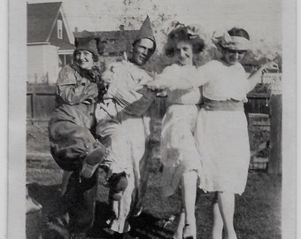 Old Photo Women and Man wearing Halloween Costumes Posing on Lawn 1910s Photograph Snapshot vintage