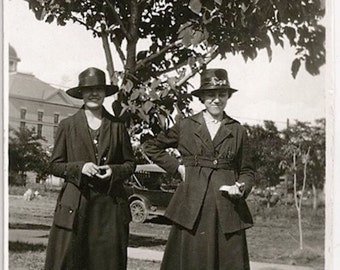 Old Photo 2 Women wearing Black Dresses Jackets and Hats 1910s Photograph snapshot Vintage