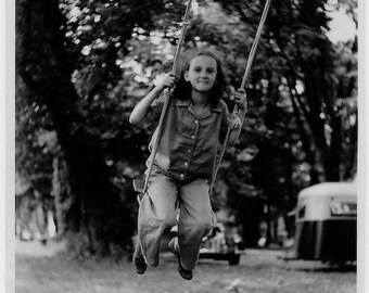 Old Photo Girl on Swing Trailer in Background 1940s Photograph Snapshot Vintage