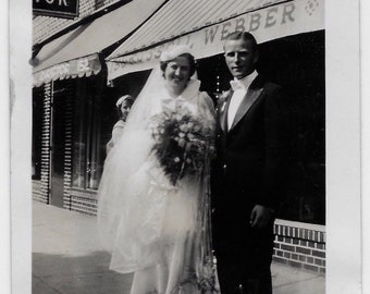 Old Photo Bride and Groom on Sidewalk in Front of Store 1930s Photograph Snapshot vintage