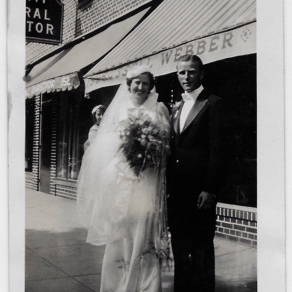 Old Photo Bride and Groom on Sidewalk in Front of Store 1930s Photograph Snapshot vintage