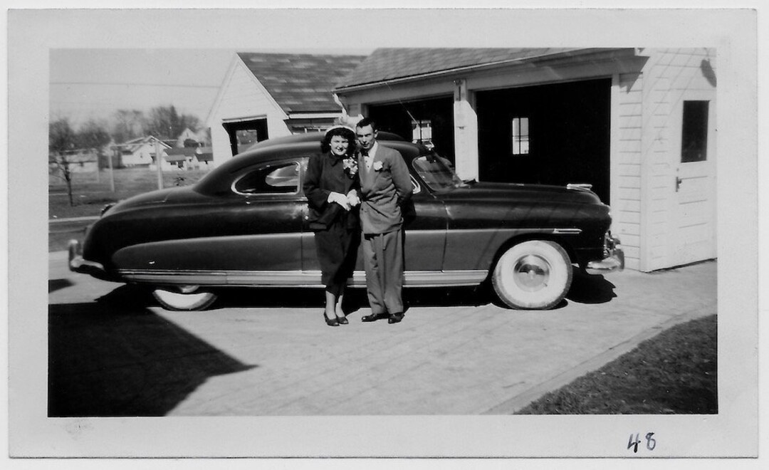 Old Photo Woman and Man Standing by Car in Driveway 1940s - Etsy