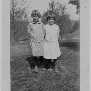 Old Photo 2 Girls wearing Dresses Outside 1920s Photograph Snapshot vintage