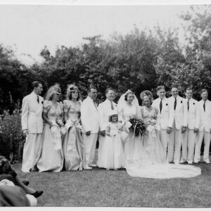 Old Photo Wedding Party Bride Groom Bridesmaids Groomsmen Flower Girl 1950s Photograph Snapshot Vintage