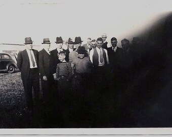 Old Photo Obstructed view of Group of Men an Boys Suits Hats 1930s Photograph Snapshot Vintage