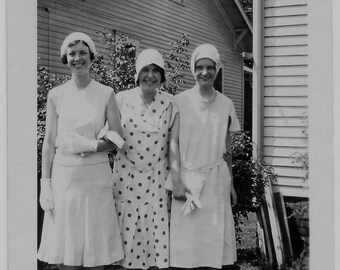 Old Photo Smiling Women wearing Dresses and Hats Polka Dot Dress White Gloves in Yard 1930s Photograph Snapshot Vintage