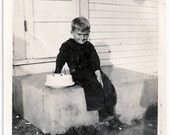 Old Photo Boy on step with His Birthday Cake 1920s Photograph snapshot vintage