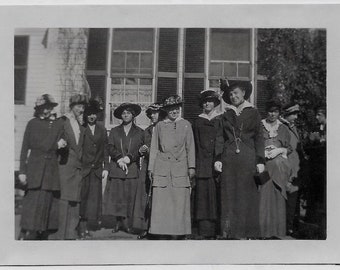 Old Photo Women wearing Dresses Skirts Jackets and Hats one Holding Camera 1910s Photograph Snapshot vintage