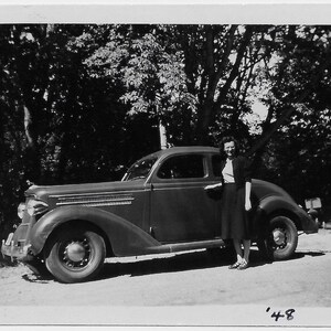 Old Photo Woman Standing by Car 1940s Photograph Snapshot Vintage