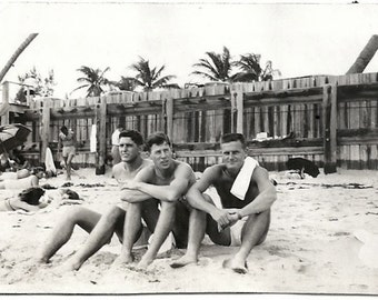 Old Photo Men at the Beach wearing Swimsuits 1940s Photograph Snapshot Vintage